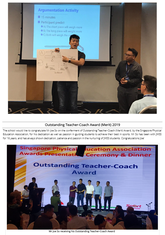 Man presents a whiteboard before a projected Argumentation Activity slide; below, Mr Joe So receives an Outstanding Teacher-Coach Award on stage.