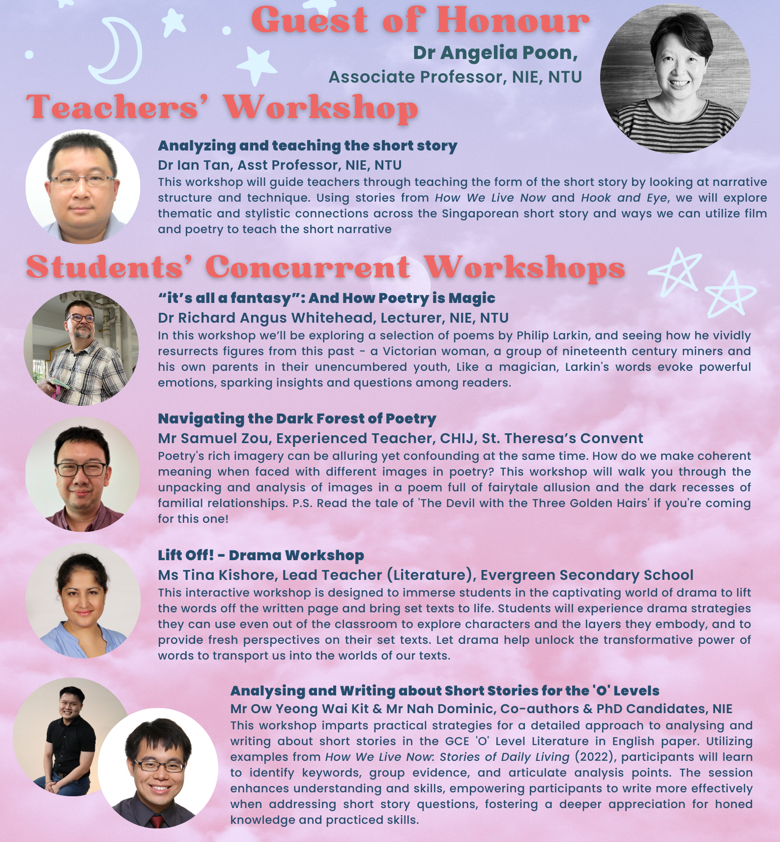 Poster on workshops with pastel sky background, stars, and headshots of 6 speakers with titles and dates.