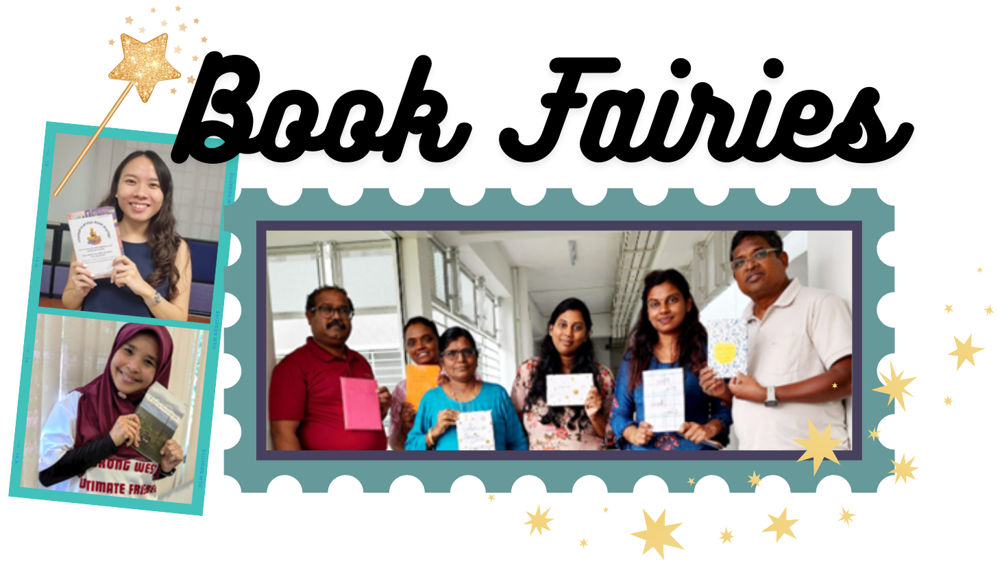 Book Fairies banner showing people smiling and holding books, with star decorations and a stamp frame design.