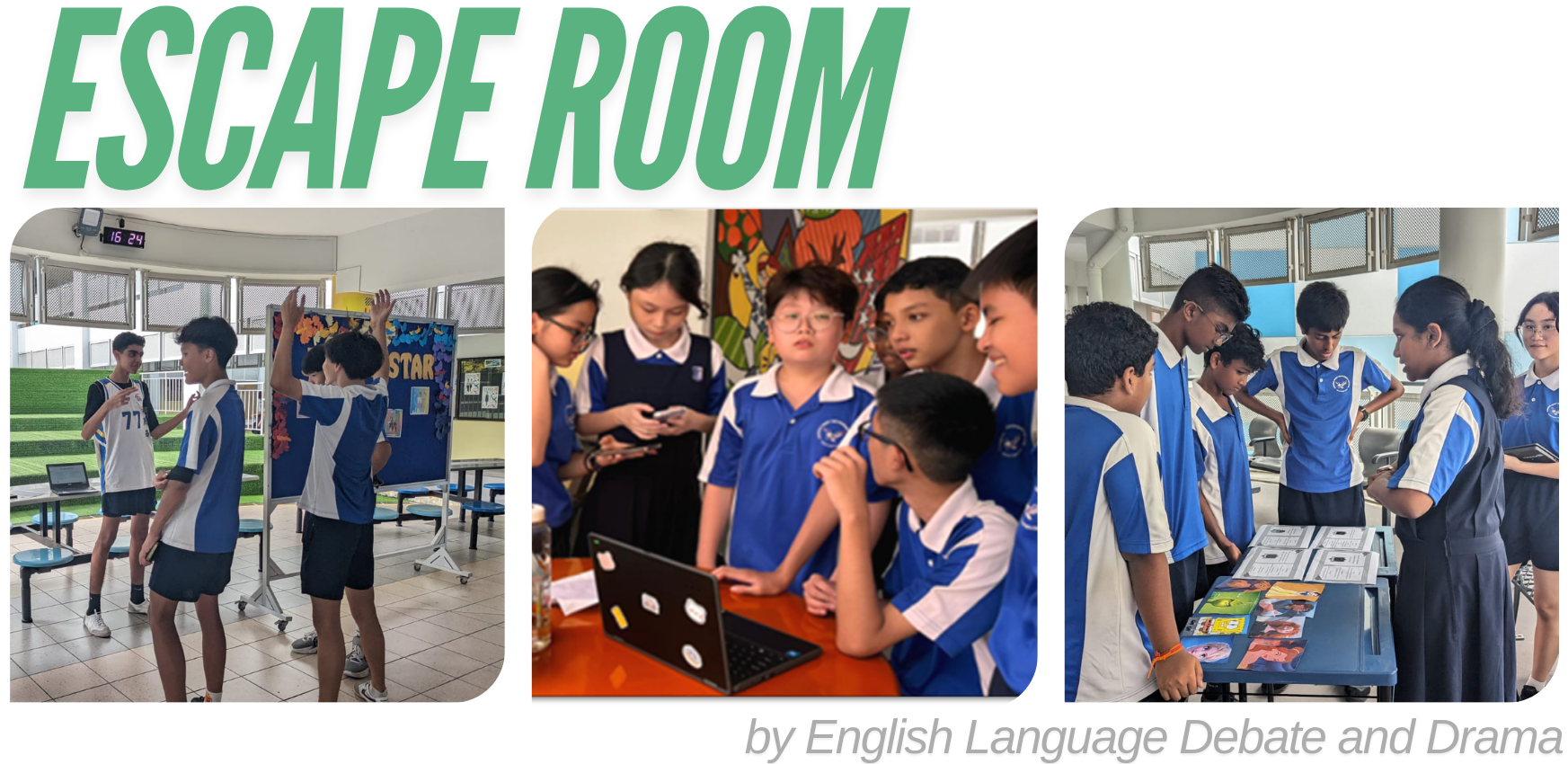 Students in blue uniforms participate in an Escape Room activity organized by English Language Debate and Drama.