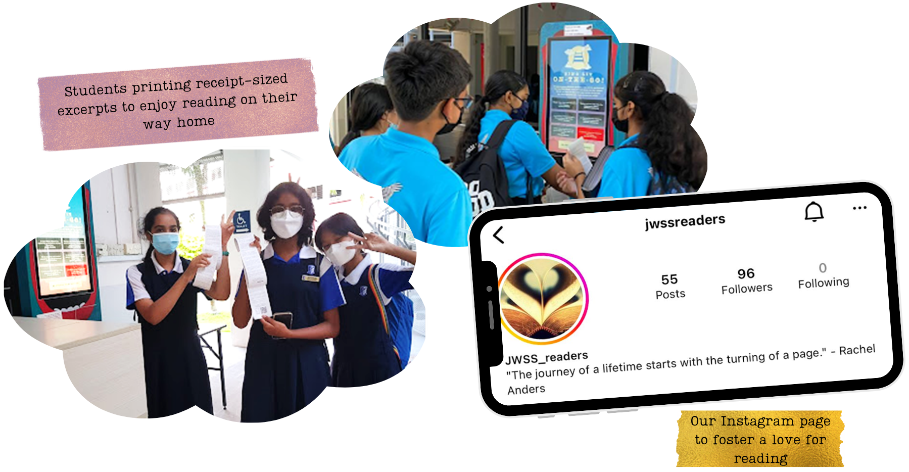 Students in uniforms hold printed reading excerpts, while a phone shows the jwssreaders Instagram page with 96 followers.