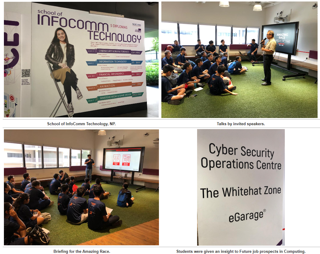 Four photos showing an InfoComm Technology school banner, students attending talks, and a Cyber Security Centre sign.
