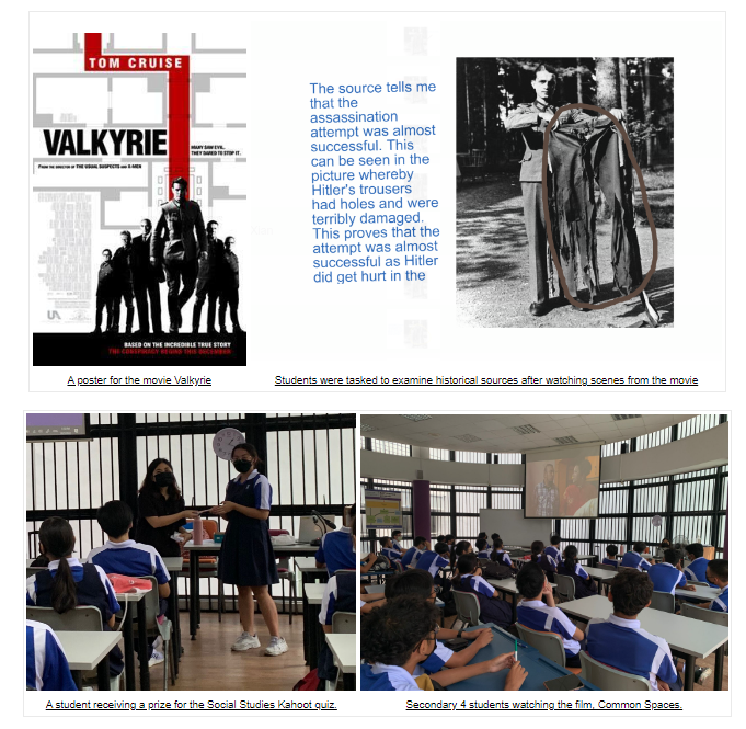 Webpage with Valkyrie movie poster, damaged trousers photo, and two classroom photos of students.