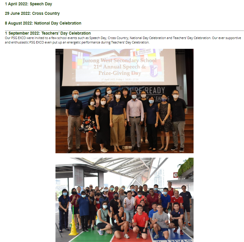 Two group photos: one indoors at Jurong West Secondary School Speech Day, one outdoors with a large masked crowd.