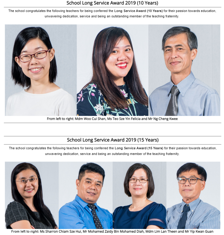Seven teachers honored with School Long Service Awards 2019 for 10 and 15 years of dedicated service.