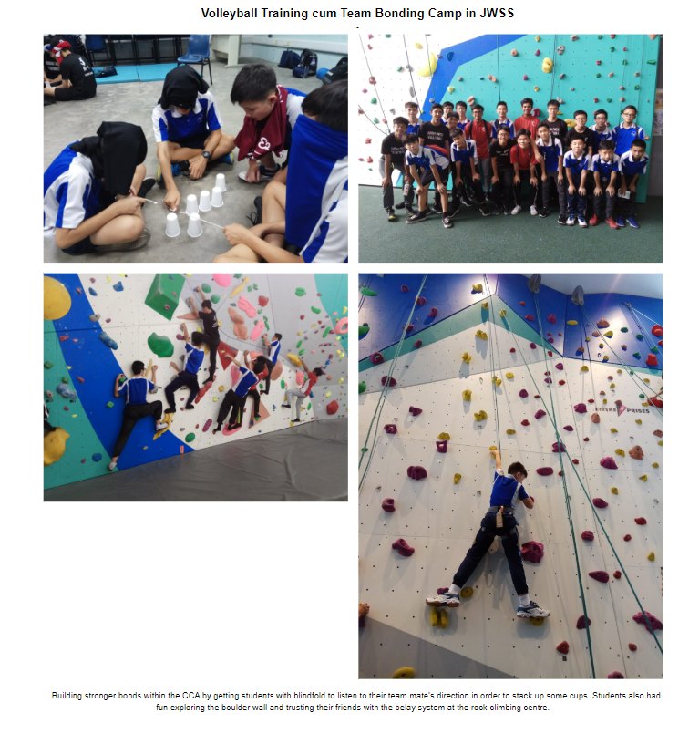 Collage: students stack cups blindfolded, group photo, and kids climbing indoor rock walls.