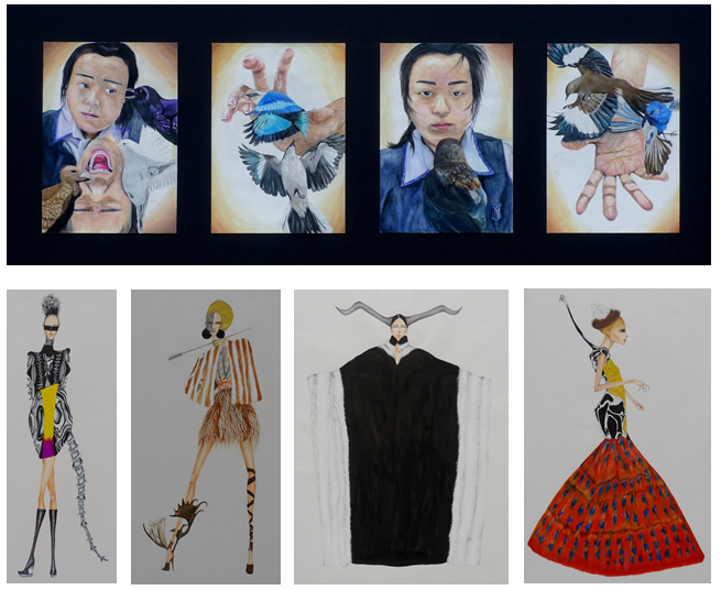 Four painted portraits with birds above four fashion illustration sketches showing figures in dramatic avant-garde outfits.