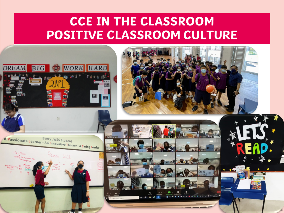 Collage of school scenes showing students in a gym, at a whiteboard, on a video call, and a "Let's Read" sign.