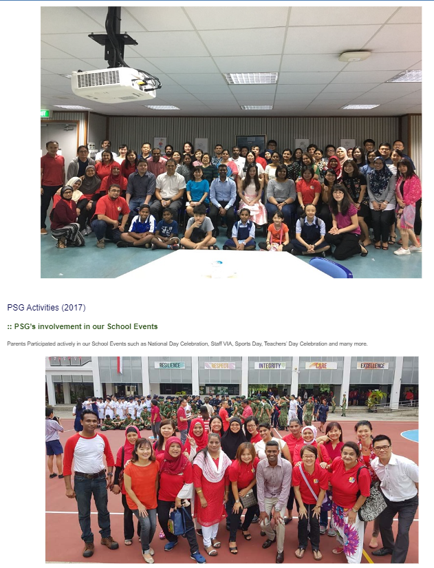 Two group photos of parents and staff at school events, with banners showing values like Integrity and Care.