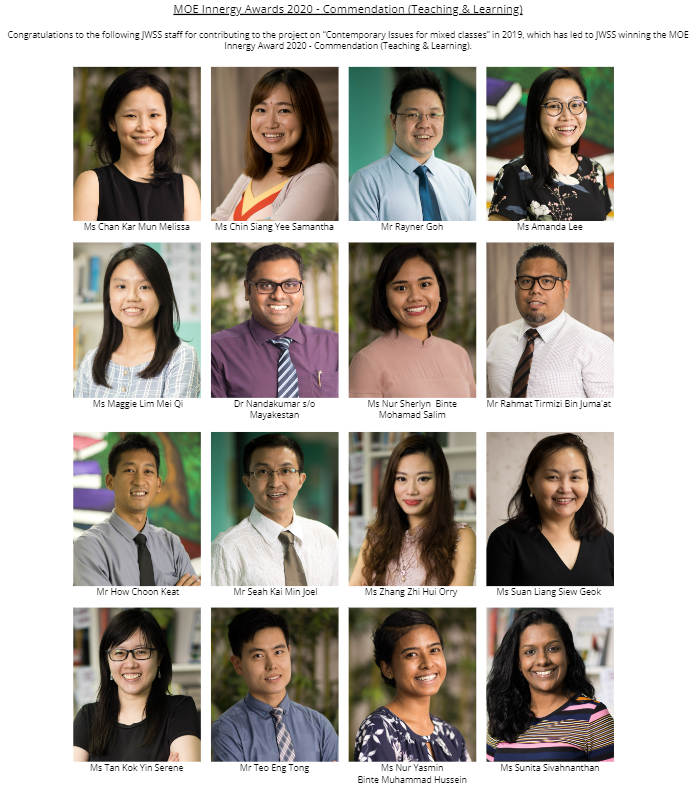 16 staff headshots arranged in a grid for the MOE Innergy Awards 2020 Commendation in Teaching and Learning.