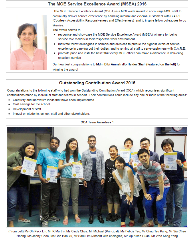 A newsletter page showing a woman's photo beside MOE award text, and a group of ten staff holding certificates below.