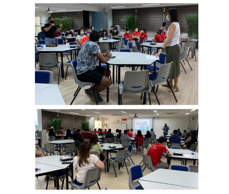 Two photos of a indoor meeting room with masked attendees seated at tables listening to presenters.