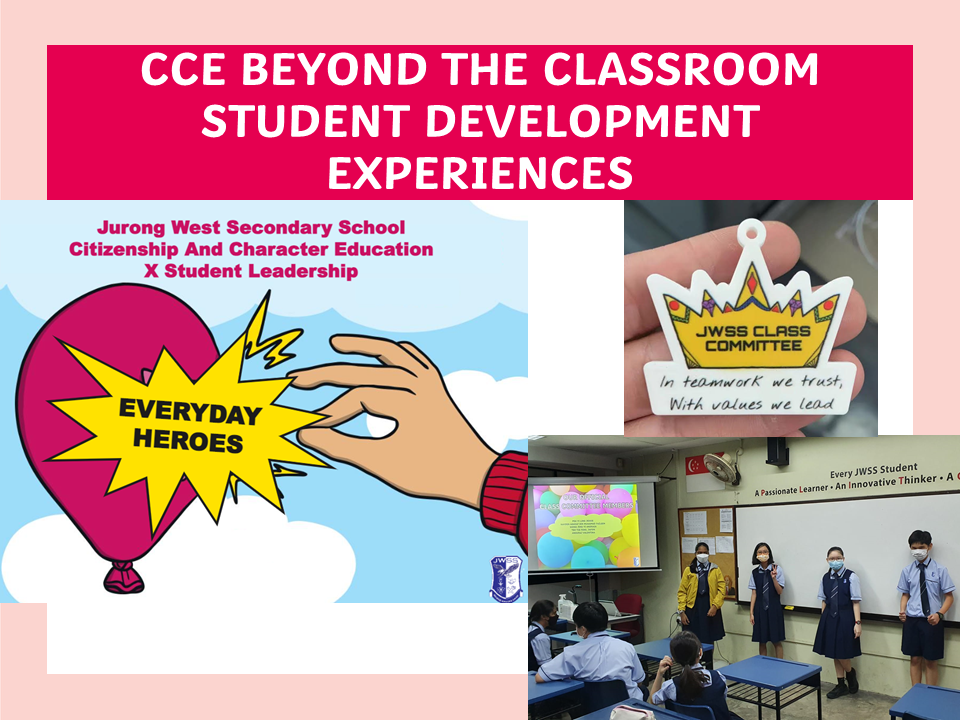Poster titled CCE Beyond The Classroom showing a cartoon hand, a JWSS Class Committee badge, and students presenting in a classroom.