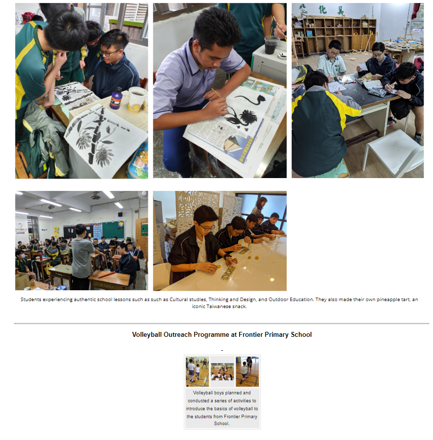 Collage of students painting, carving, cooking, and attending class; text mentions volleyball outreach programme.