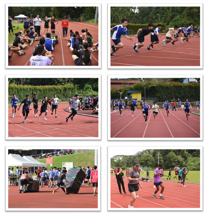 Six photos of a school track and field event showing students sprinting, running races, and carrying objects on a red track.