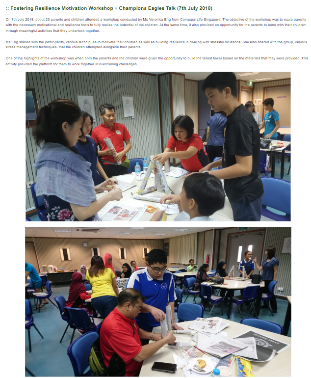 Two photos of adults and children building paper towers together at tables during a 2018 workshop.