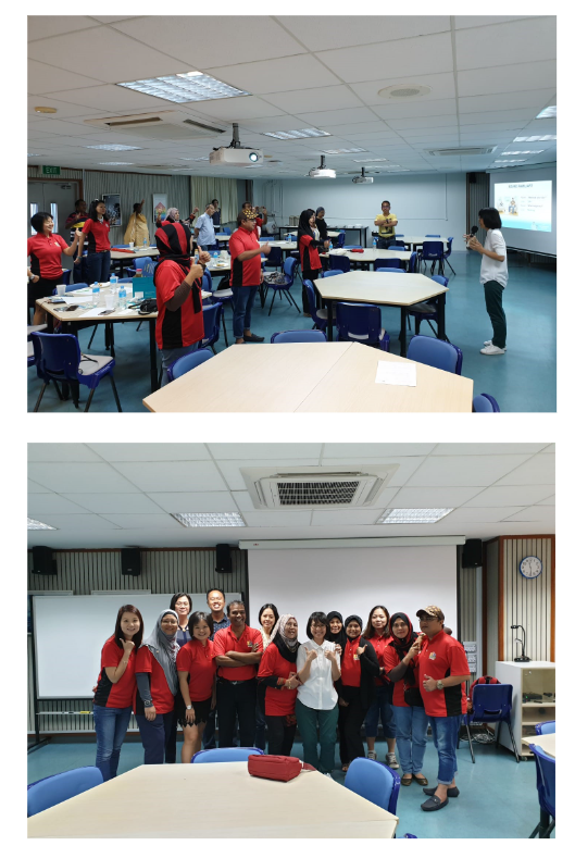 A training session with people in red shirts around hexagonal tables, and a group photo of the same participants.