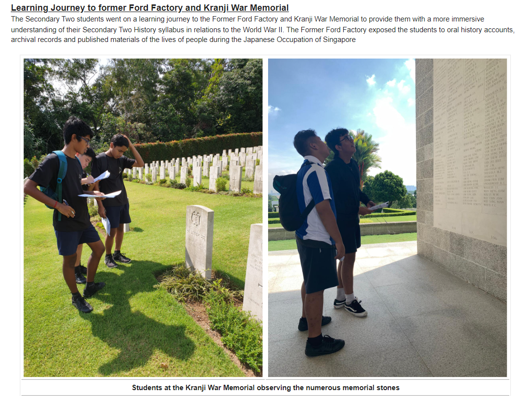Students walking among war graves and reading names on a memorial wall at Kranji War Memorial.