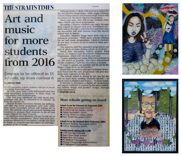 A Straits Times newspaper article titled "Art and music for more students from 2016" beside two colorful portrait paintings.