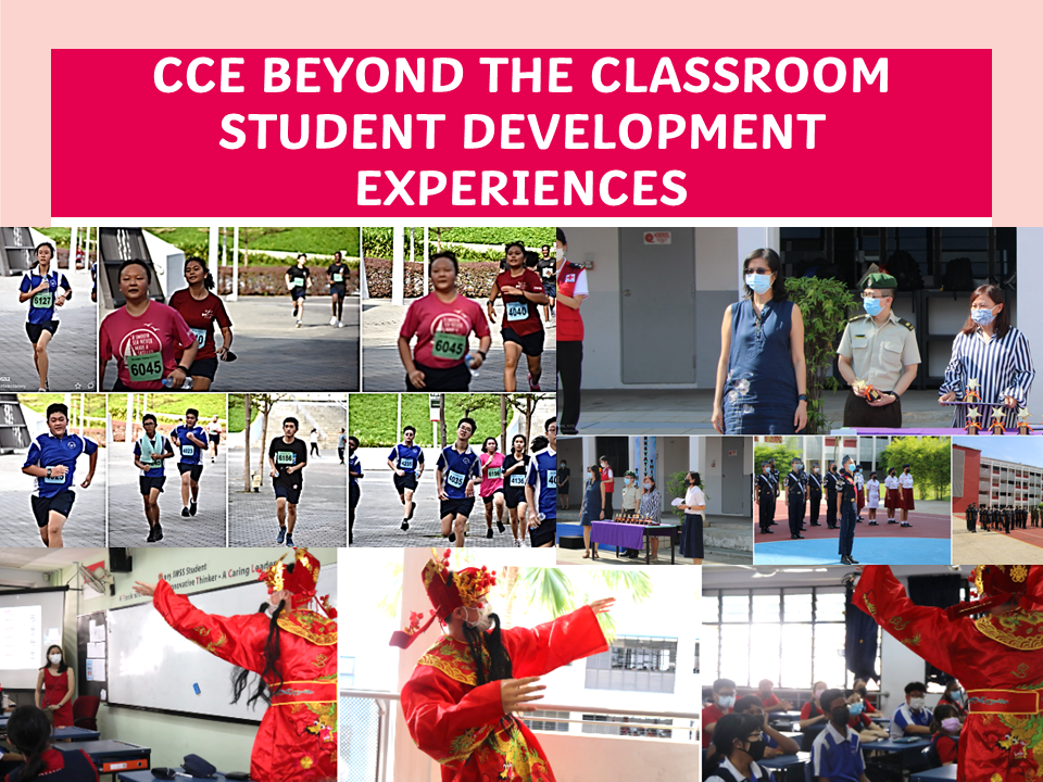 Collage of student activities including running races, cultural performances, and school events under the title CCE Beyond the Classroom.