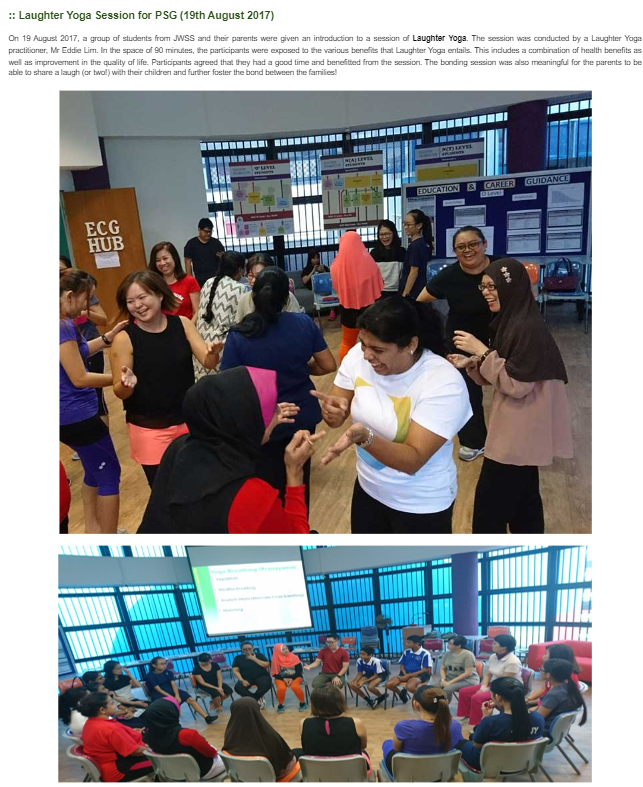 Two photos show a laughter yoga session with adults interacting and laughing, and a group seated in a circle indoors.