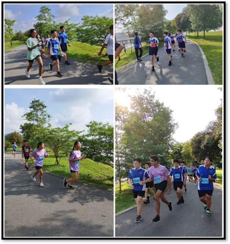 Groups of people wearing race bibs running and walking along paved park paths lined with green trees.