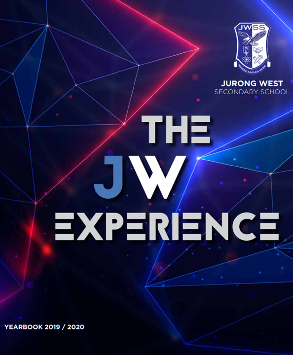 Jurong West Secondary School yearbook 2019/2020 cover titled The JW Experience with neon geometric design.