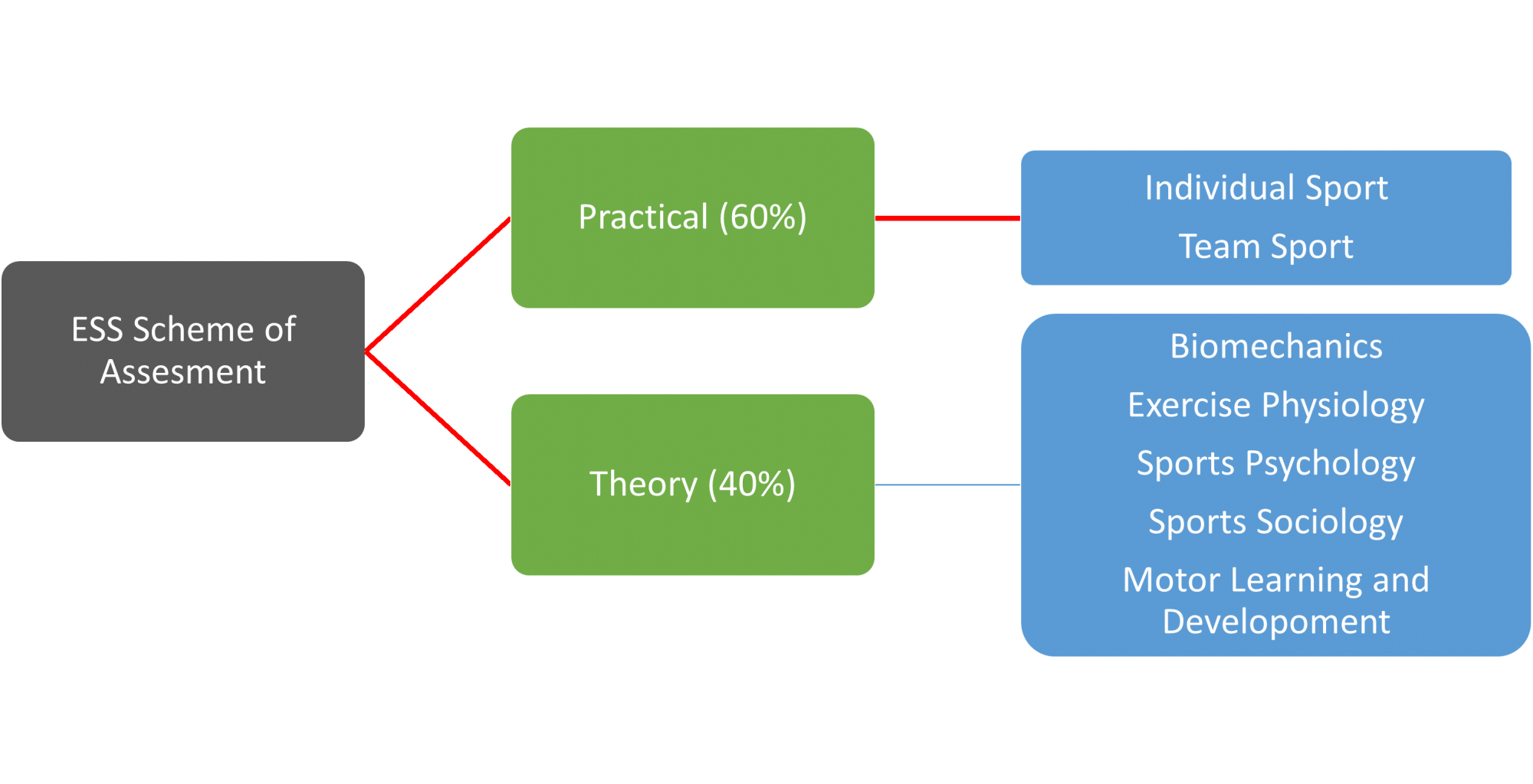 ESS Scheme of Assessment splits into Practical 60% and Theory 40%, each linking to related subtopics.