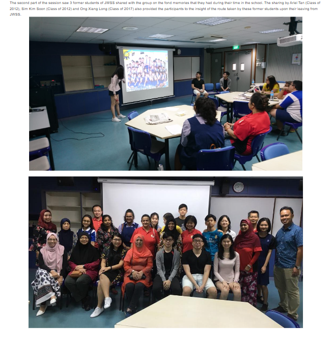 Two photos: a classroom presentation with a projected group photo, and a large group posing together indoors.