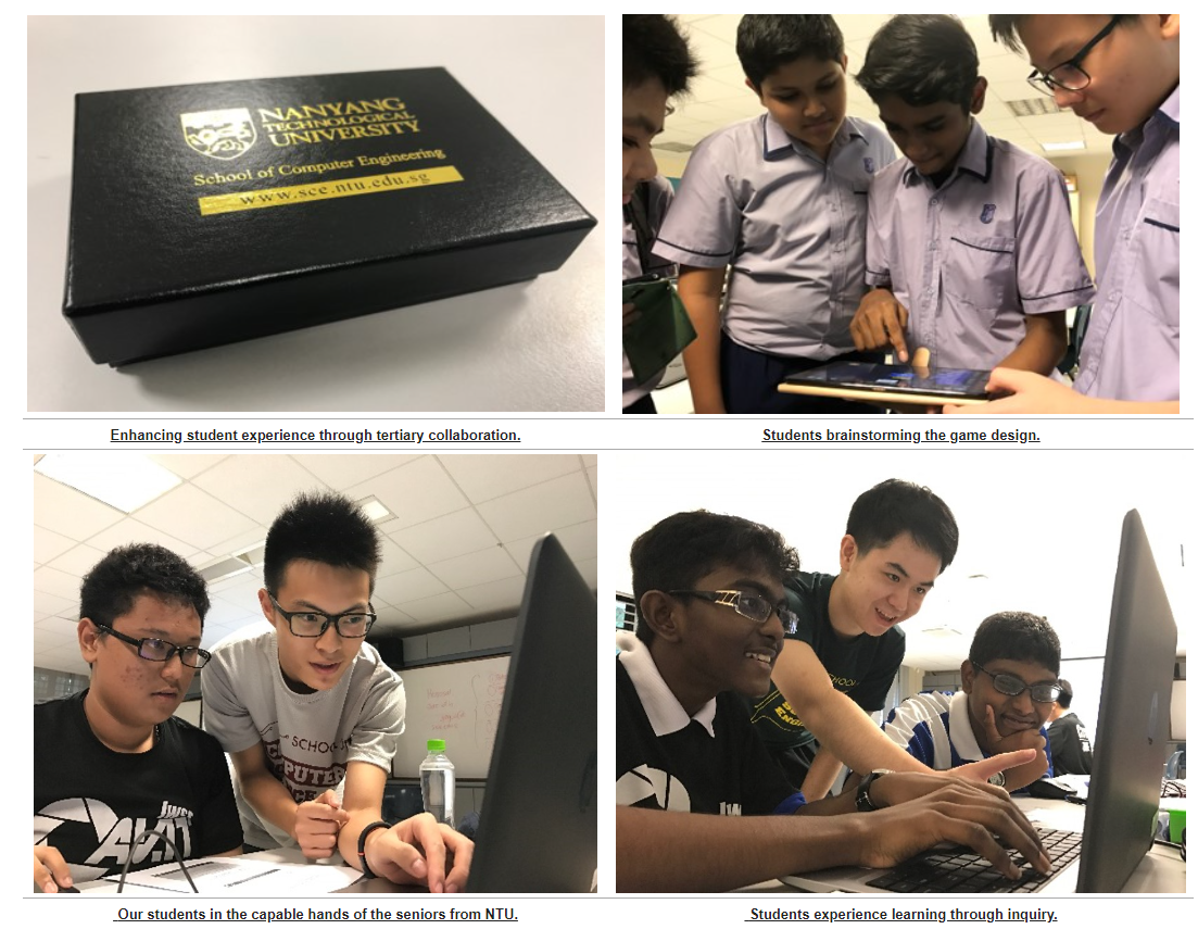 Four-panel collage showing an NTU School of Computer Engineering box and students collaborating on tablets and laptops.