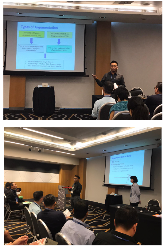 Two presenters speak to seated audiences in conference rooms, each pointing to projected slides about argumentation.