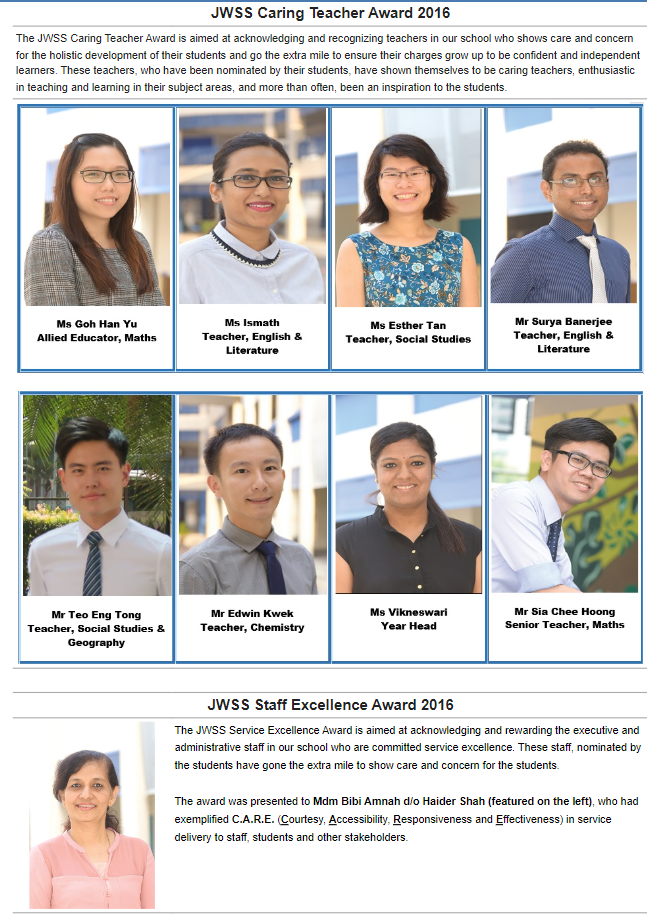 JWSS 2016 award page showing portraits of eight teachers and one staff excellence award recipient with names and roles.