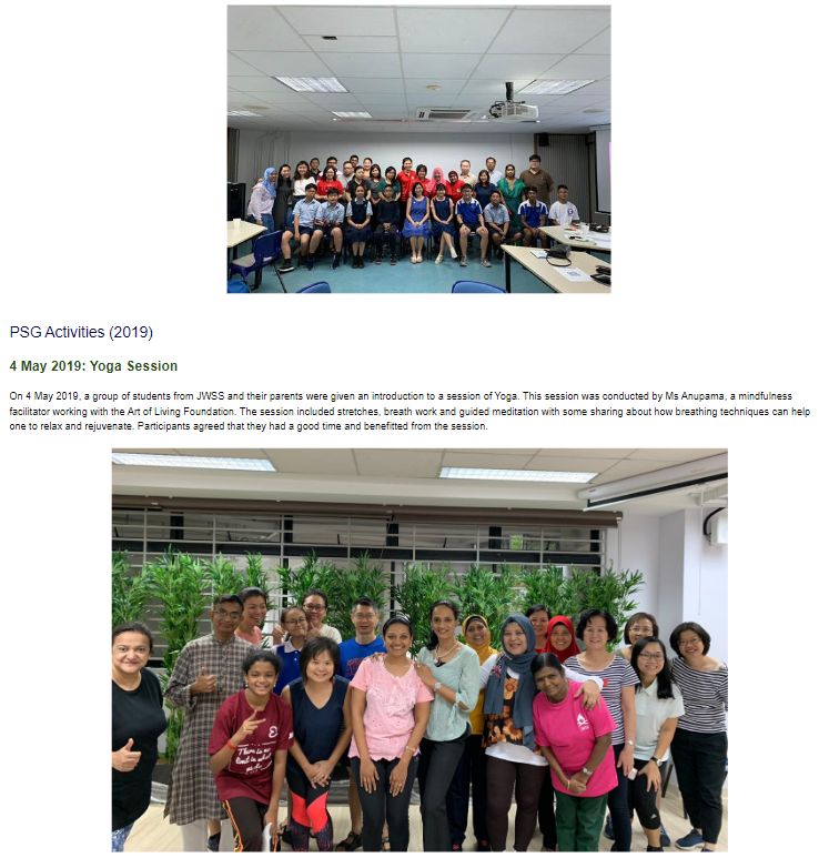 Two group photos of adults and students posing together indoors, with text about 2019 PSG yoga and school activities.