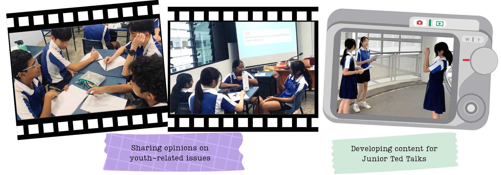 Students in blue uniforms collaborate at tables and practice speeches outdoors for Junior Ted Talks activities.