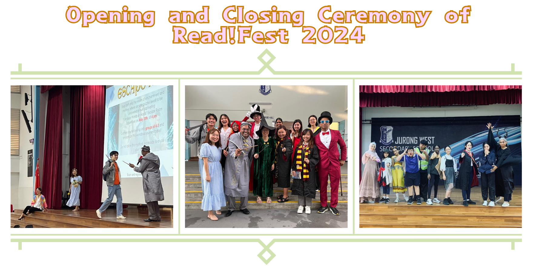 Three photos from Read!Fest 2024 ceremonies at Jurong West Secondary School showing costumed participants on stage.