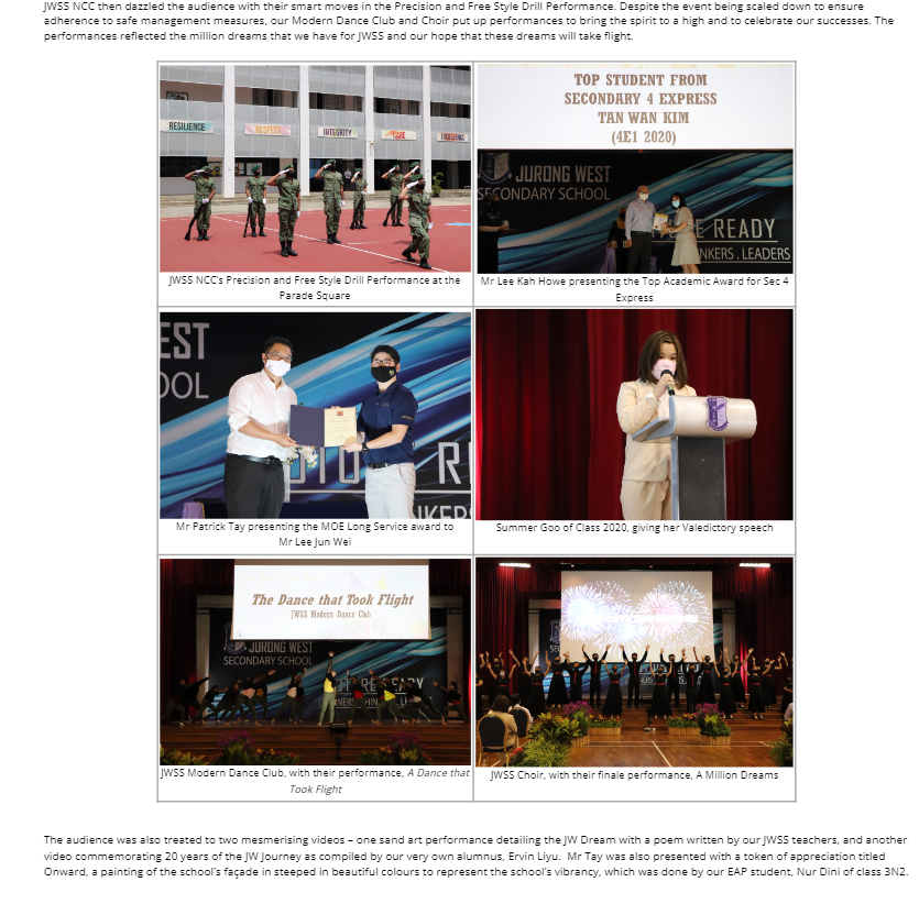 Six school event photos showing NCC drill, award presentations, a speech, dance, and choir finale performance.