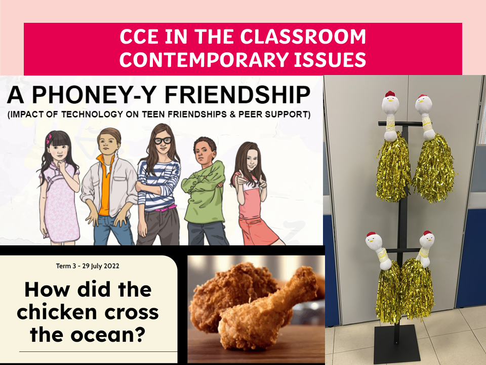 Classroom poster collage showing teen friendship illustration, fried chicken photo, and cheerleader chicken toy decorations.