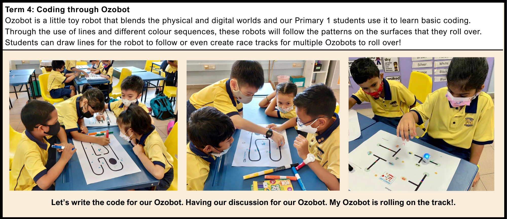 Young students in yellow uniforms draw tracks and guide small Ozobot robots on paper during a coding lesson.