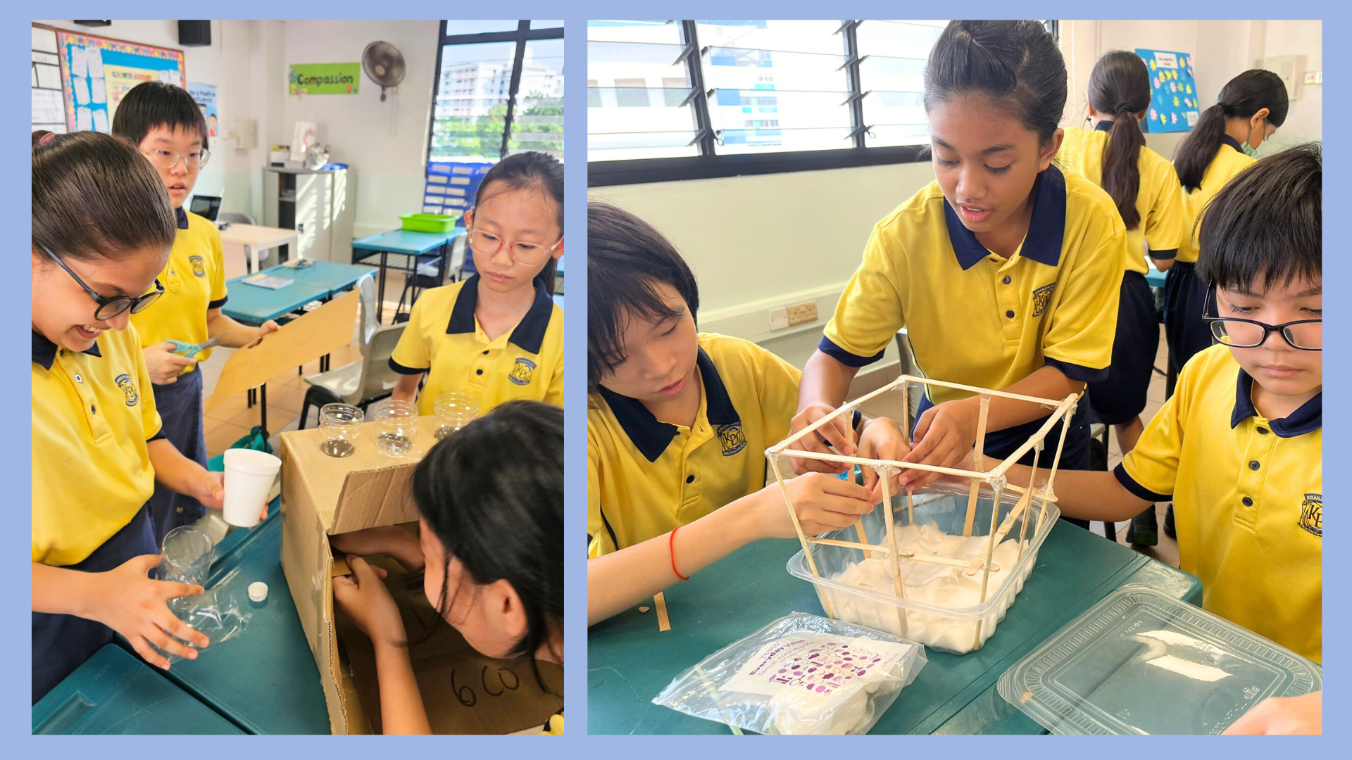 Students in yellow uniforms work on hands-on projects, one group with a cardboard box and glasses, another building a stick structure.