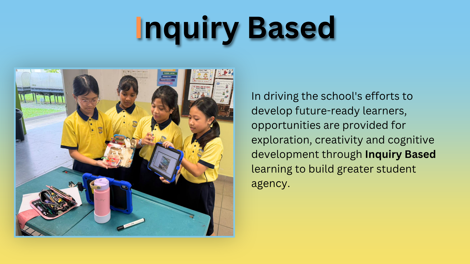Slide titled Inquiry Based showing students in yellow uniforms examining a tablet with a barcode scanner.