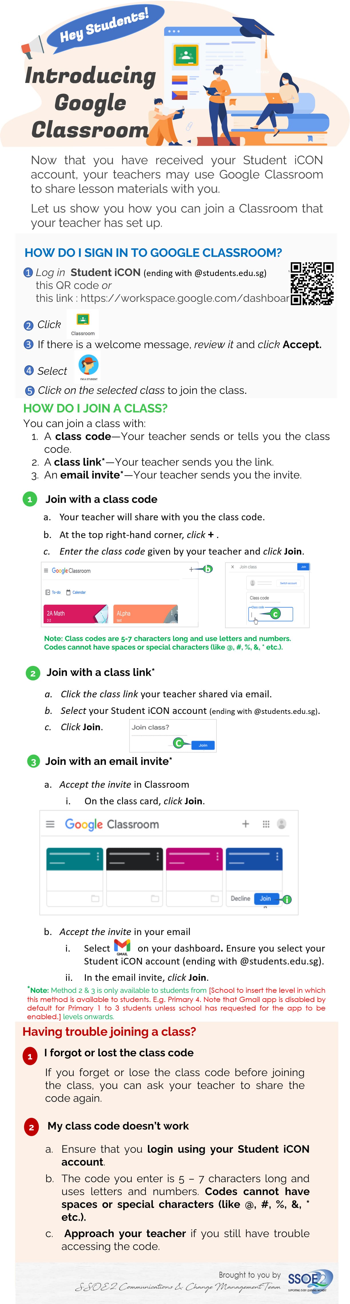 Instructional flyer titled "Introducing Google Classroom" with step-by-step guide for students to sign in and join a class.
