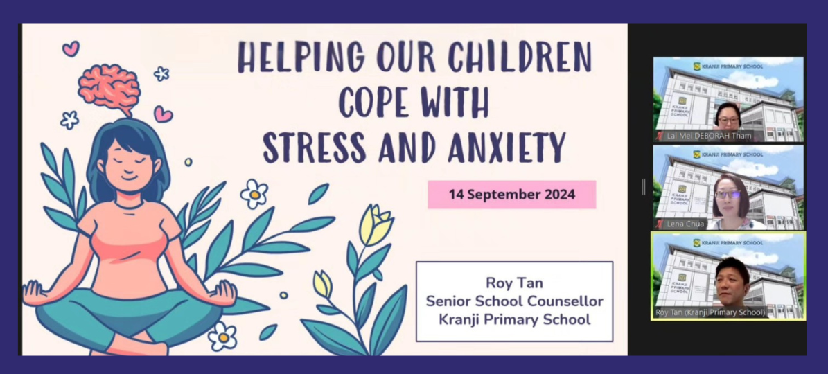 Online seminar slide titled "Helping Our Children Cope With Stress and Anxiety" dated 14 September 2024, with three video participants.