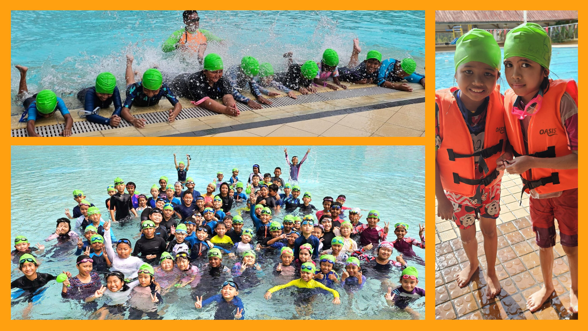 A large group of children wearing green swim caps pose and play in a pool, with two kids in orange life jackets nearby.