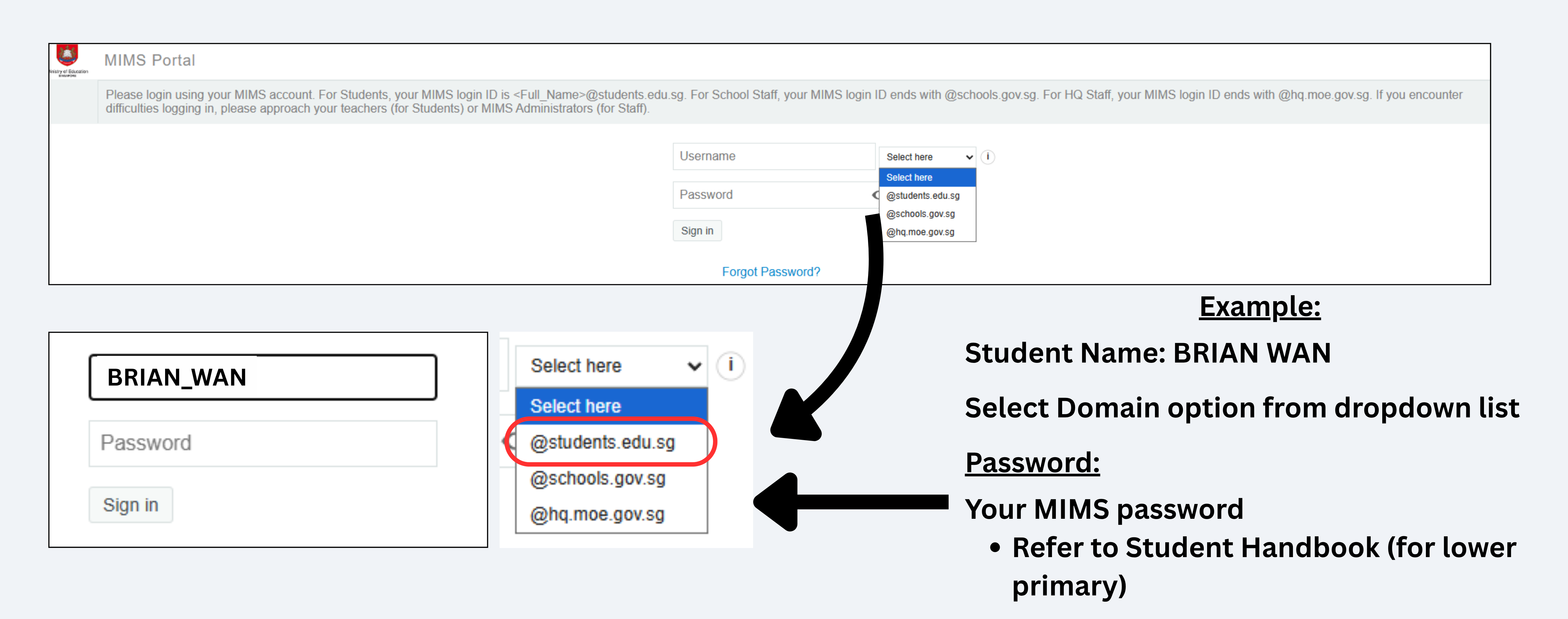 MIMS Portal login guide showing username, domain dropdown with @students.edu.sg highlighted, and password fields.