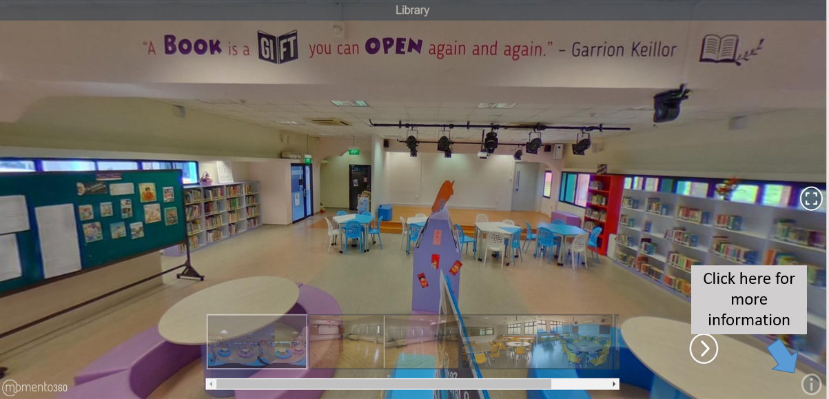 360-degree virtual tour of a school library with bookshelves, small tables, chairs, and a reading quote on the wall.