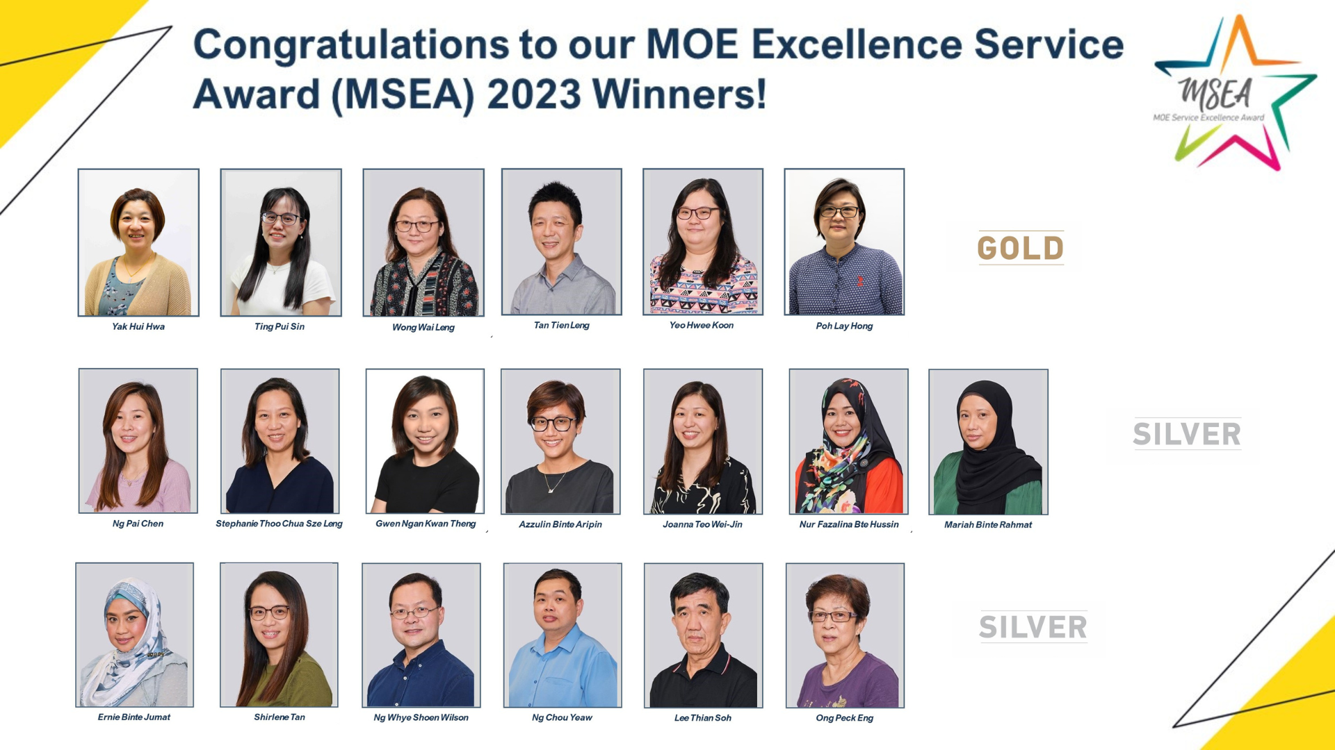 Congratulations banner showing headshots of 19 MOE Excellence Service Award 2023 Gold and Silver winners.