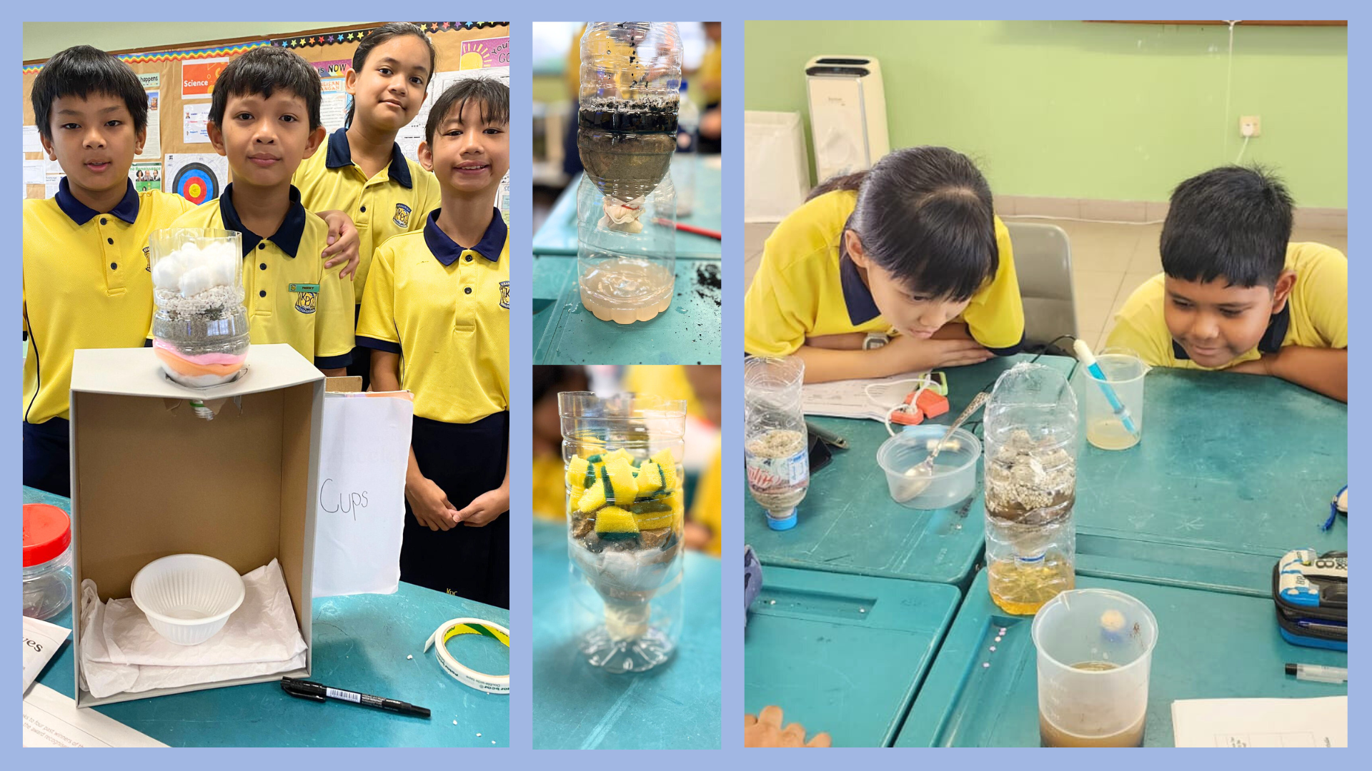 Four children in yellow uniforms conduct a water filtration science experiment using bottles, sponges, and sand in a classroom.