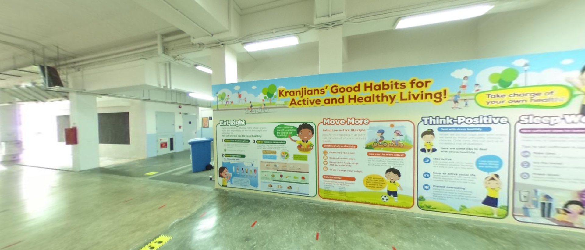A colorful wall mural titled "Kranjians' Good Habits for Active and Healthy Living" with sections on eating, moving, and thinking positively.