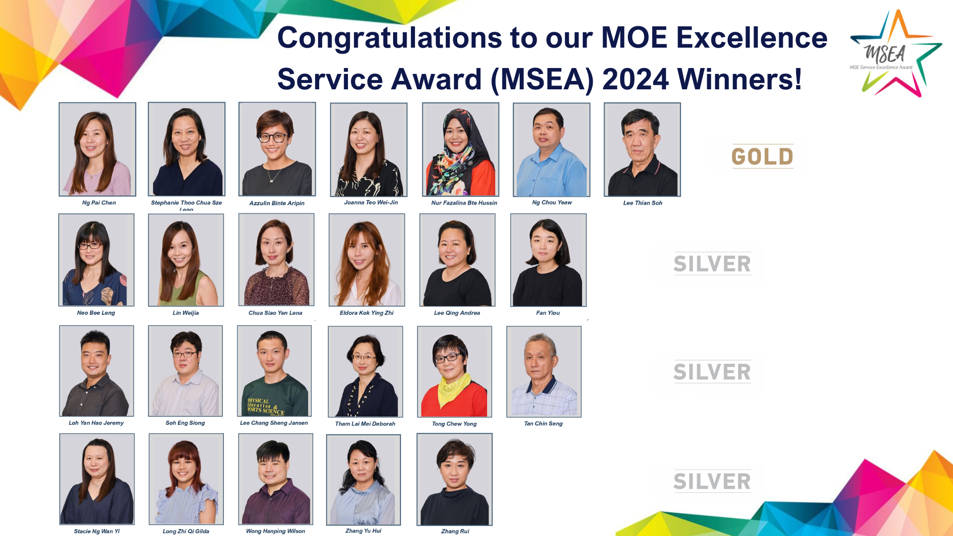 Congratulations banner showing 22 named MSEA 2024 Gold and Silver award winners with individual portrait photos.