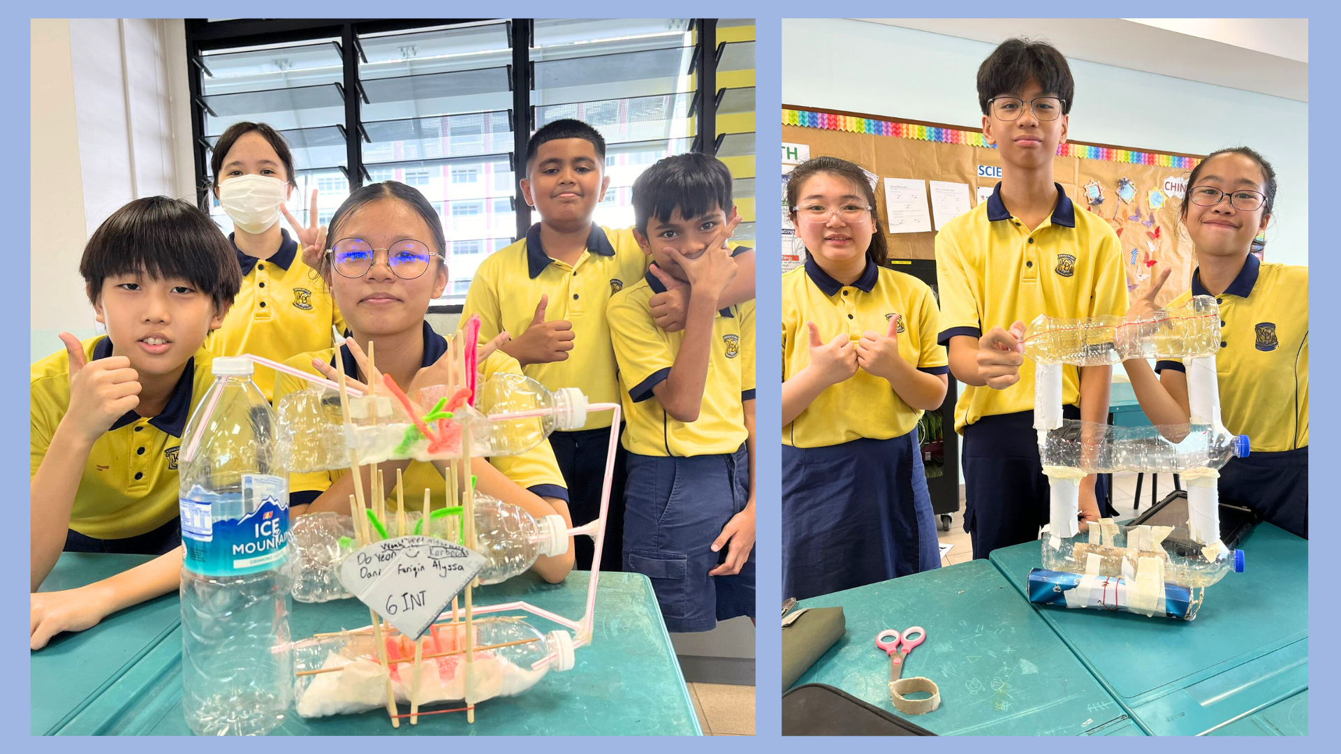 Students in yellow uniforms pose proudly with recycled plastic bottle constructions made of straws and sticks in a classroom.